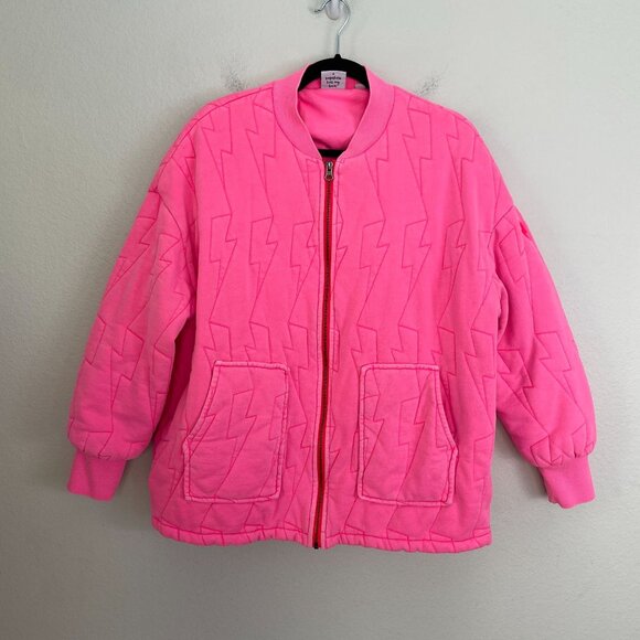 Scamp&Dude S/M Neon Pink Lightning Bolt Oversized Quilted Bomber Jacket Organic - Picture 9 of 16